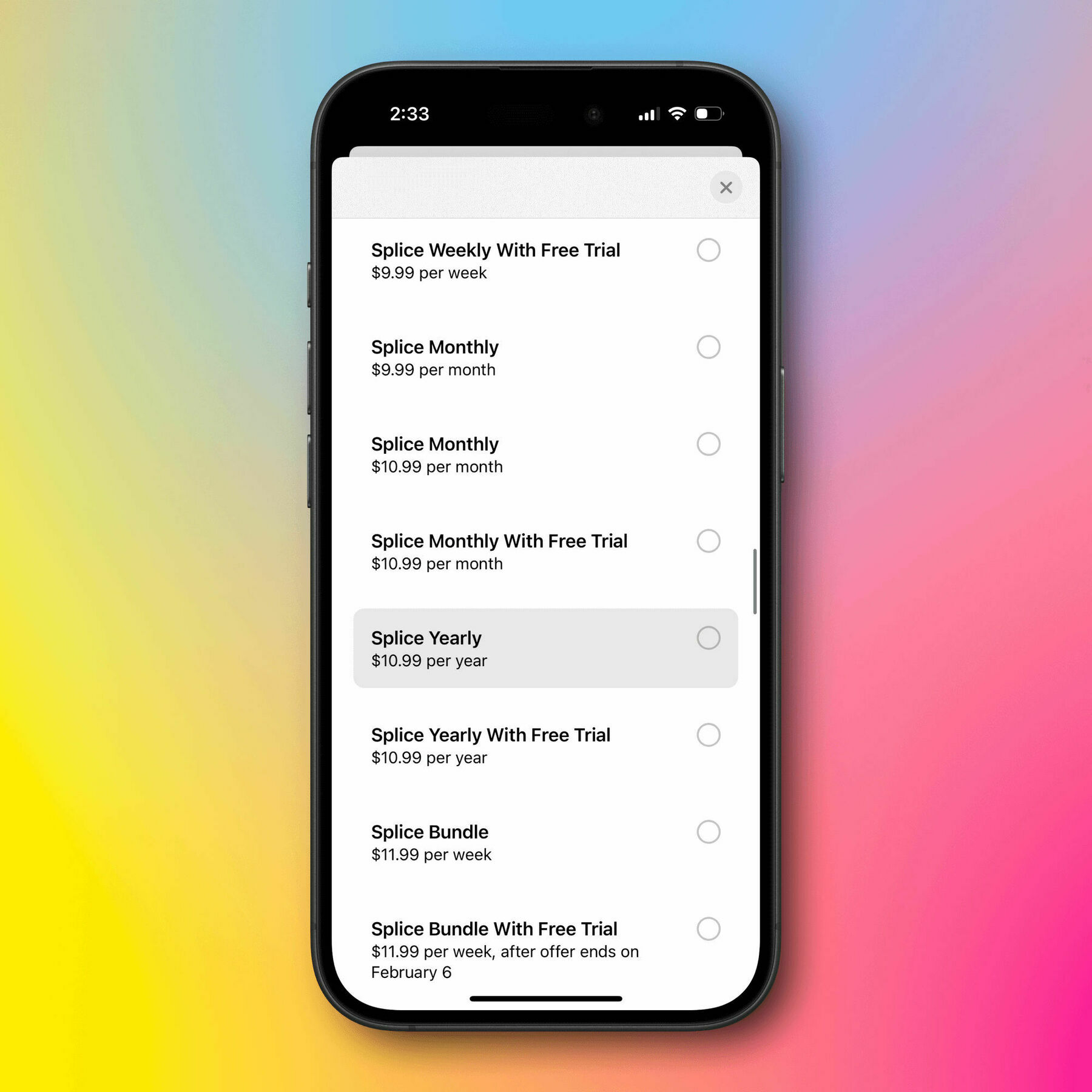 Smartphone showing a subscription list with options such as Splice Weekly, Monthly, and Yearly. Prices range from 9.99 to 11.99 with a $10.99/year option highlighted. Background is a gradient of yellow, pink, and blue.