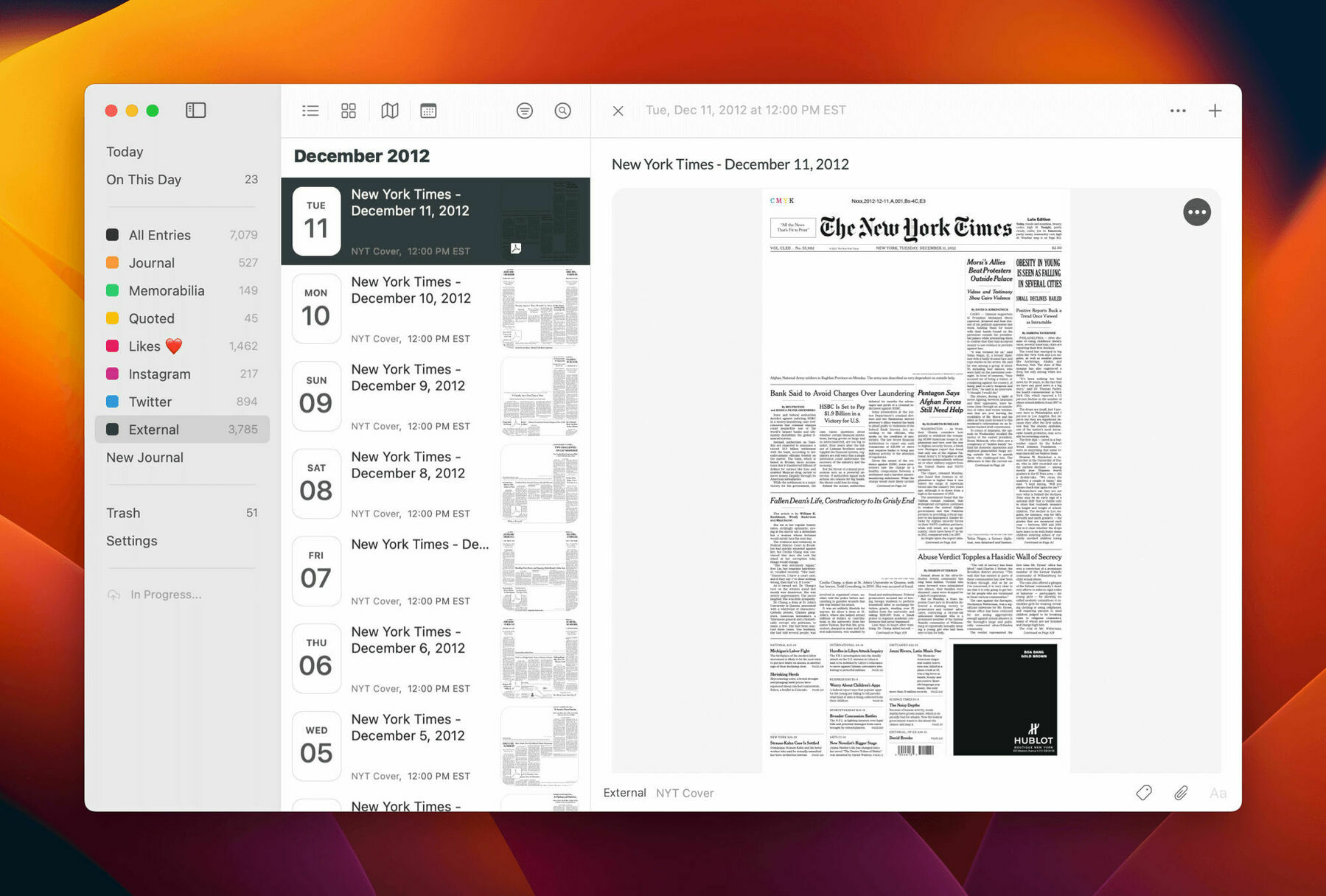 My Day One app showing covers from December 2012.